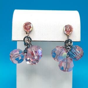 Vintage Light Pink Crystal Earrings, Clip Clasps, Silver Tone